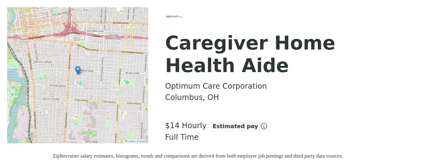 Optimum Care Corporation job posting for a Caregiver Home Health Aide in Columbus, OH with a salary of $15 Hourly and benefits including 401k with a map of Columbus location.