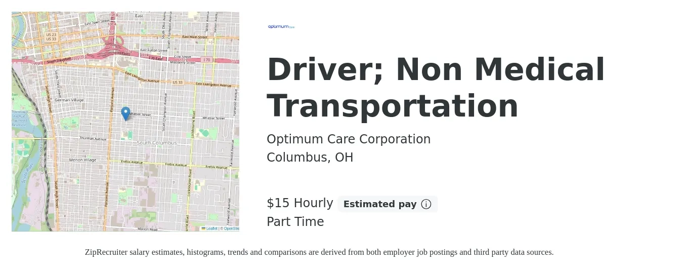 Optimum Care Corporation job posting for a Driver; Non Medical Transportation in Columbus, OH with a salary of $16 Hourly and benefits including pto, and retirement with a map of Columbus location.