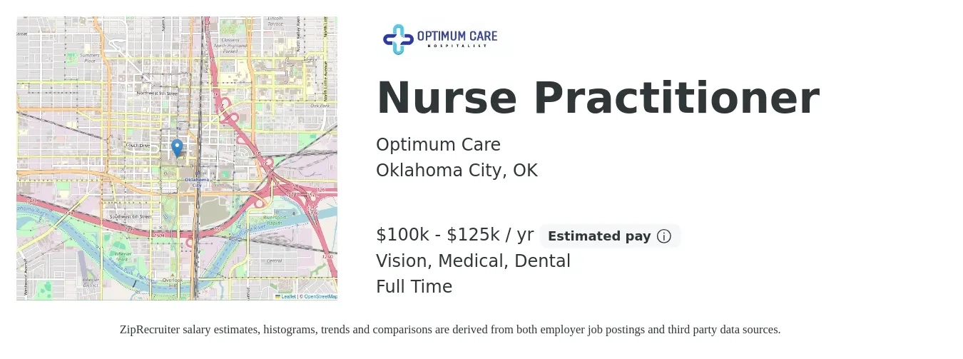 Optimum Care job posting for a Nurse Practitioner in Oklahoma City, OK with a salary of $100,000 to $125,000 Yearly and benefits including dental, life_insurance, medical, pto, retirement, and vision with a map of Oklahoma City location.