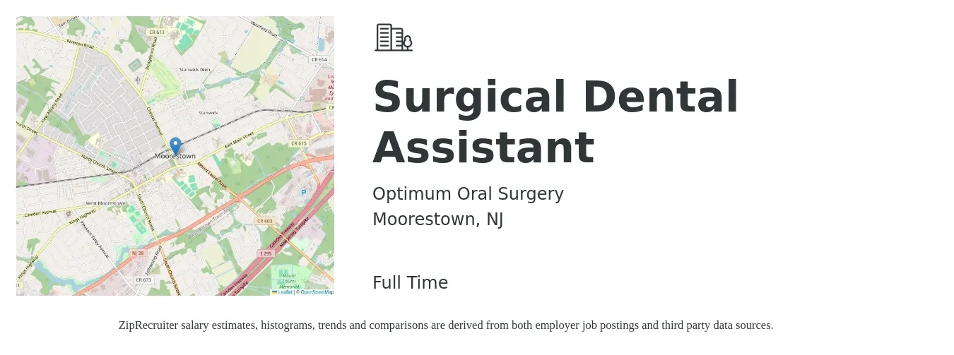 Optimum Oral Surgery job posting for a Surgical Dental Assistant in Moorestown, NJ with a salary of $19 to $26 Hourly with a map of Moorestown location.