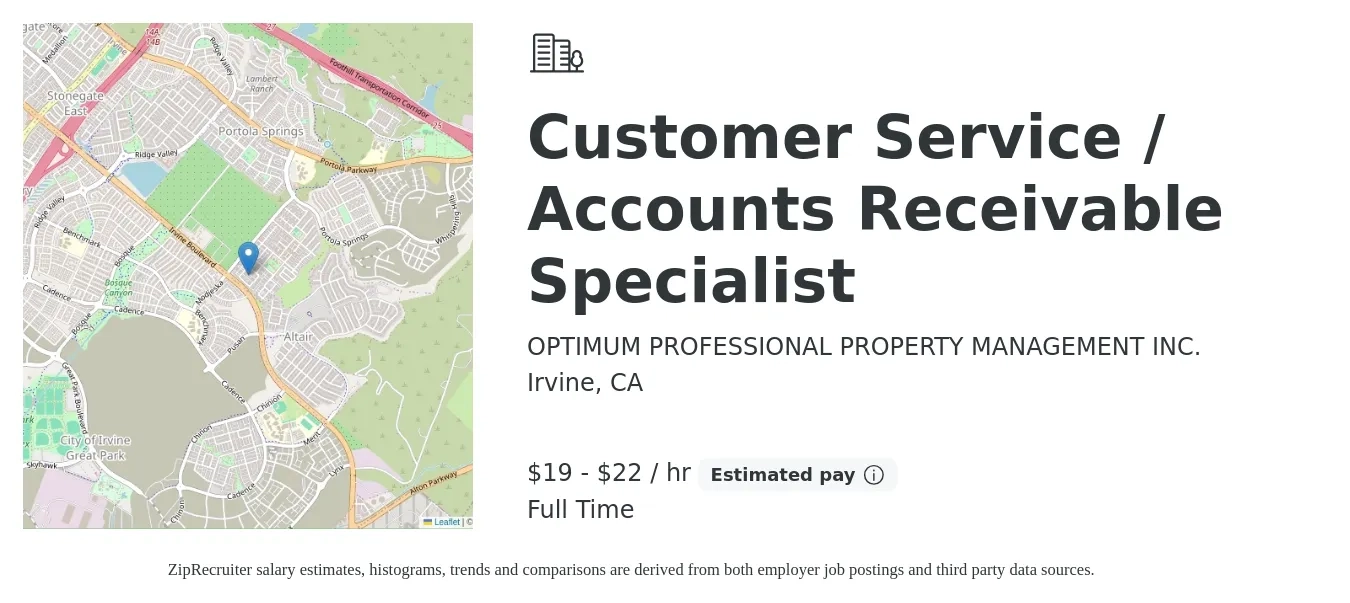 OPTIMUM PROFESSIONAL PROPERTY MANAGEMENT INC. job posting for a Customer Service / Accounts Receivable Specialist in Irvine, CA with a salary of $20 to $23 Hourly with a map of Irvine location.