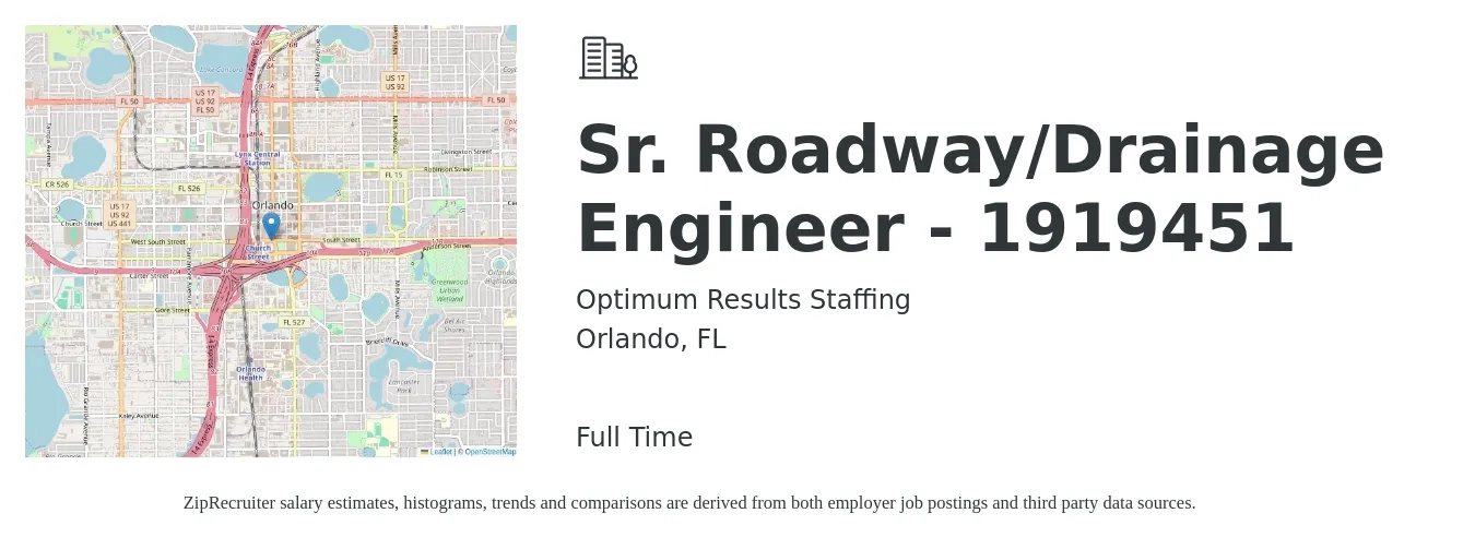 Optimum Results Staffing job posting for a Sr. Roadway/Drainage Engineer - 1919451 in Orlando, FL with a salary of $73,000 to $102,900 Yearly with a map of Orlando location.