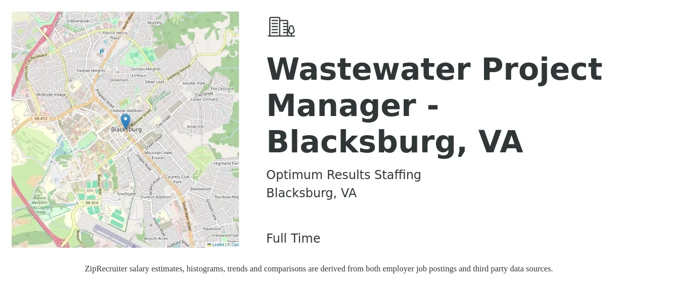 Optimum Results Staffing job posting for a Wastewater Project Manager - Blacksburg, VA in Blacksburg, VA with a salary of $68,900 to $107,900 Yearly with a map of Blacksburg location.