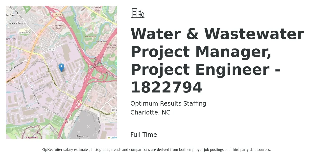 Optimum Results Staffing job posting for a Water & Wastewater Project Manager, Project Engineer - 1822794 in Charlotte, NC with a salary of $82,000 to $113,800 Yearly with a map of Charlotte location.