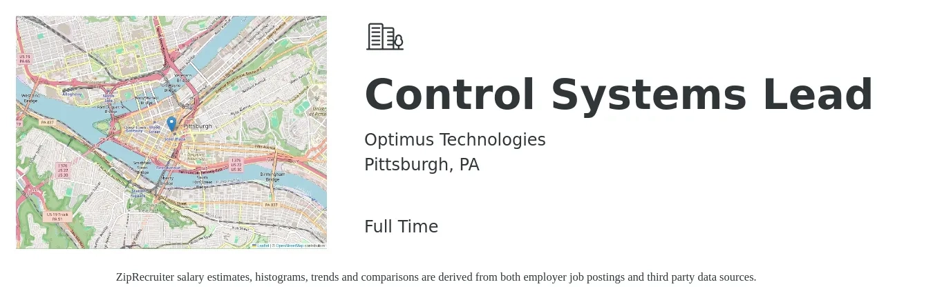 Optimus Technologies job posting for a Control Systems Lead in Pittsburgh, PA with a salary of $81,500 to $122,800 Yearly with a map of Pittsburgh location.
