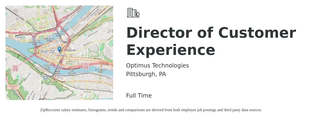 Optimus Technologies job posting for a Director of Customer Experience in Pittsburgh, PA with a salary of $92,200 to $143,200 Yearly with a map of Pittsburgh location.