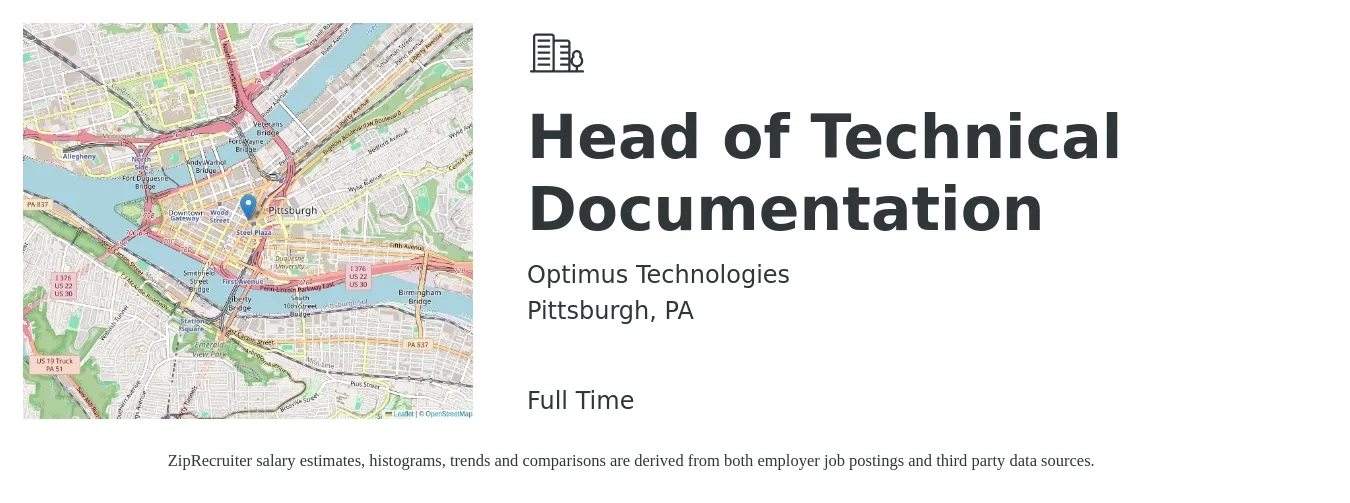 Optimus Technologies job posting for a Head of Technical Documentation in Pittsburgh, PA with a salary of $24 to $36 Hourly with a map of Pittsburgh location.