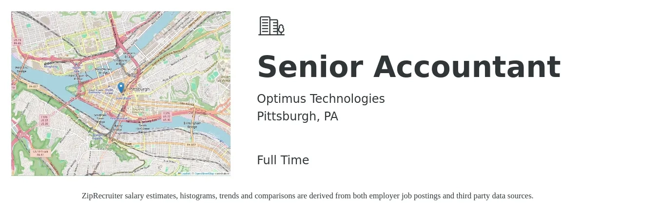 Optimus Technologies job posting for a Senior Accountant in Pittsburgh, PA with a salary of $71,800 to $90,300 Yearly with a map of Pittsburgh location.