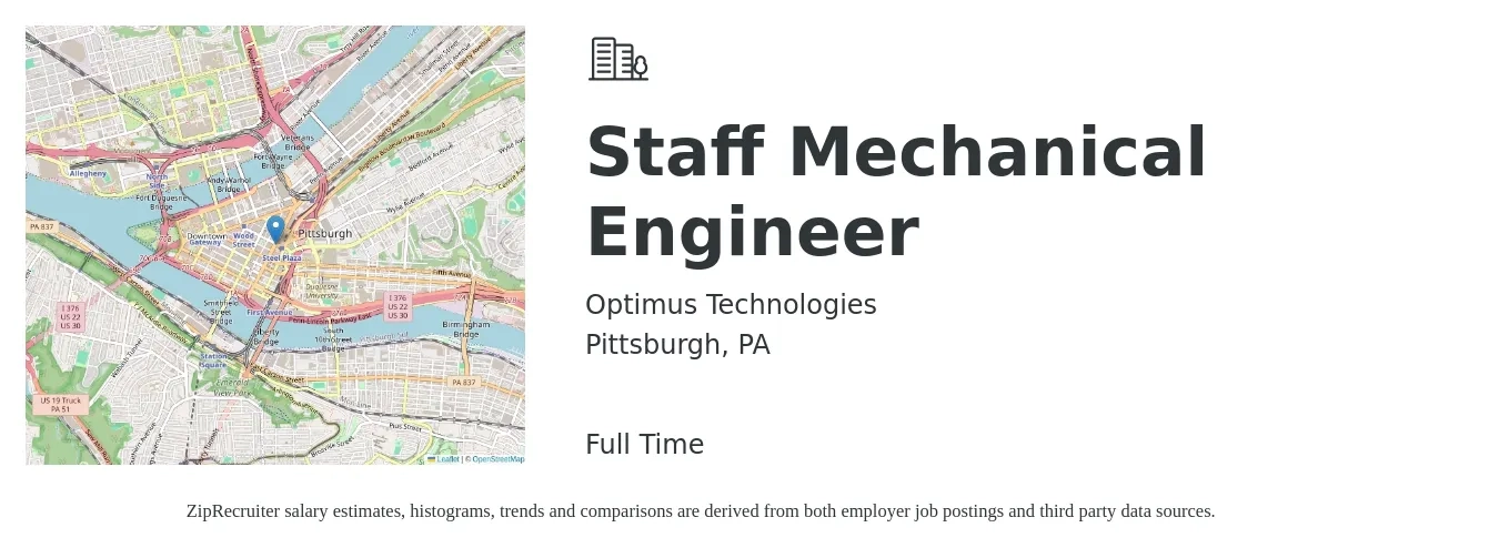 Optimus Technologies job posting for a Staff Mechanical Engineer in Pittsburgh, PA with a salary of $106,800 to $174,300 Yearly with a map of Pittsburgh location.