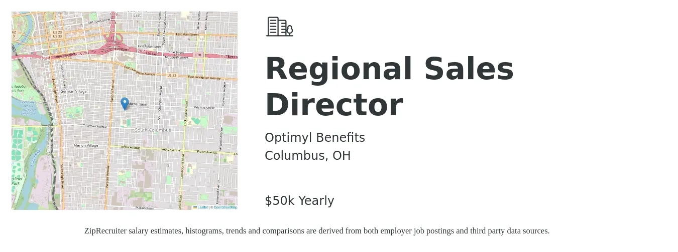 Optimyl Benefits job posting for a Regional Sales Director in Columbus, OH with a salary of $50,000 Yearly with a map of Columbus location.