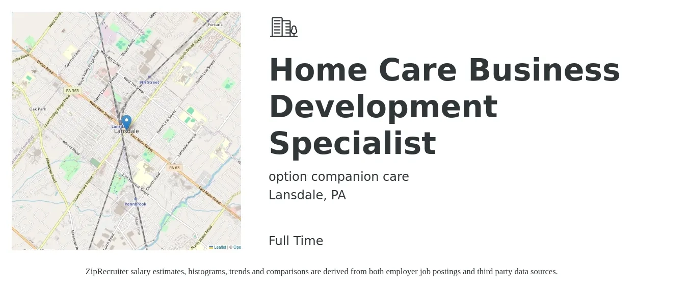 option companion care job posting for a Home Care Business Development Specialist in Lansdale, PA with a salary of $45,500 to $76,000 Yearly with a map of Lansdale location.