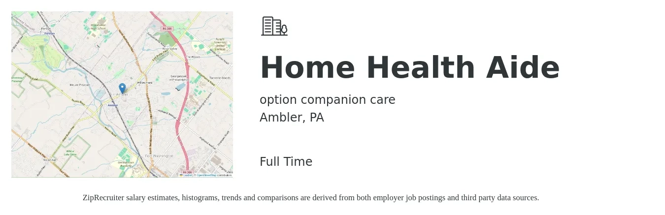 option companion care job posting for a Home Health Aide in Ambler, PA with a salary of $14 to $18 Hourly with a map of Ambler location.