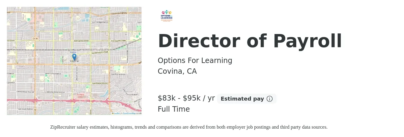 Options For Learning job posting for a Director of Payroll in Covina, CA with a salary of $83,847 to $95,158 Yearly with a map of Covina location.