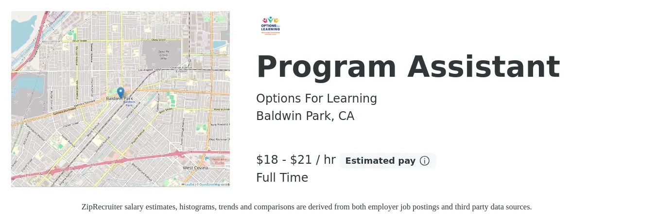 Options For Learning job posting for a Program Assistant in Baldwin Park, CA with a salary of $19 to $22 Hourly with a map of Baldwin Park location.