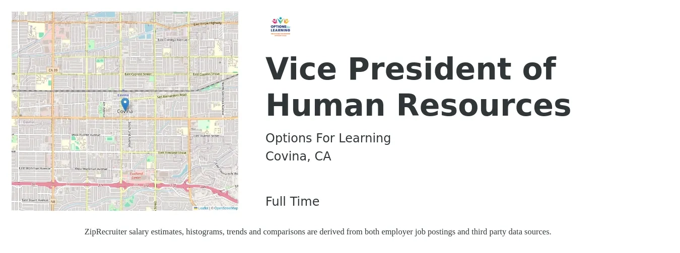 Options For Learning job posting for a Vice President of Human Resources in Covina, CA with a salary of $130,600 to $198,600 Yearly with a map of Covina location.