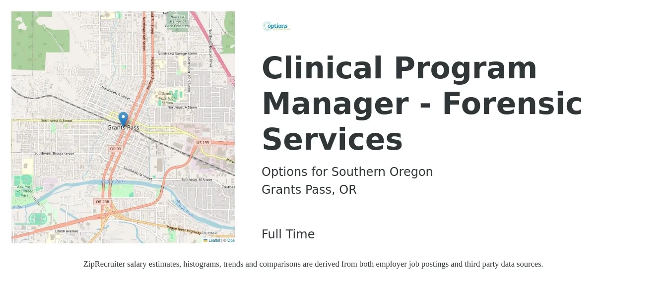 Options for Southern Oregon job posting for a Clinical Program Manager - Forensic Services in Grants Pass, OR with a salary of $63,900 to $88,400 Yearly with a map of Grants Pass location.