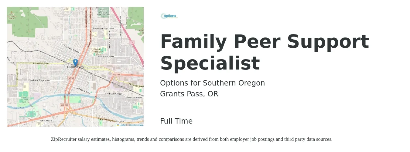 Options for Southern Oregon job posting for a Family Peer Support Specialist in Grants Pass, OR with a salary of $18 to $24 Hourly with a map of Grants Pass location.