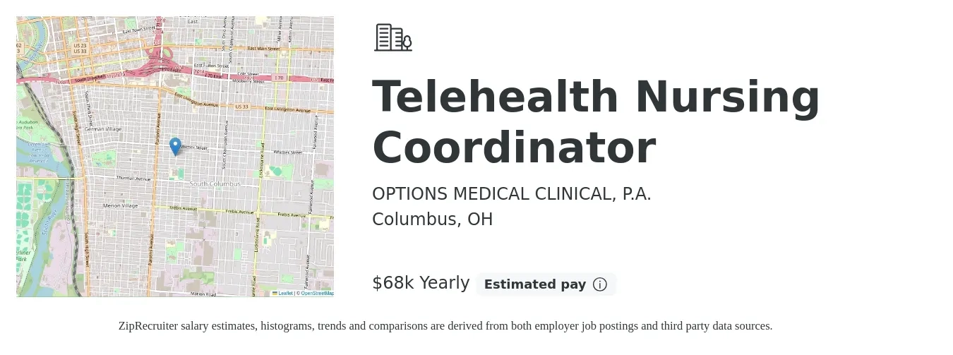 OPTIONS MEDICAL CLINICAL, P.A. job posting for a Telehealth Nursing Coordinator in Columbus, OH with a salary of $68,000 Yearly with a map of Columbus location.