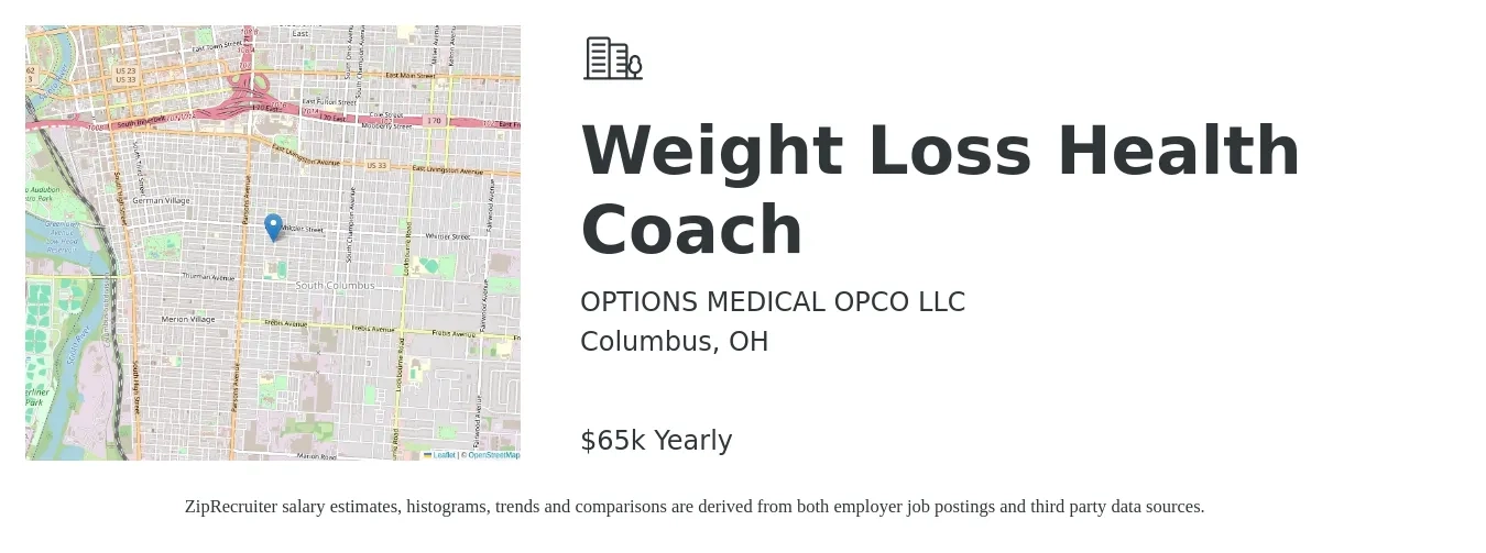 OPTIONS MEDICAL OPCO LLC job posting for a Weight Loss Health Coach in Columbus, OH with a salary of $65,000 Yearly with a map of Columbus location.