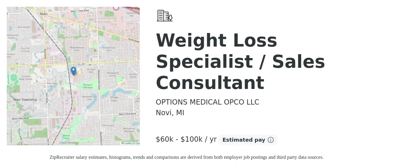 OPTIONS MEDICAL OPCO LLC job posting for a Weight Loss Specialist / Sales Consultant in Novi, MI with a salary of $60,000 to $100,000 Yearly with a map of Novi location.