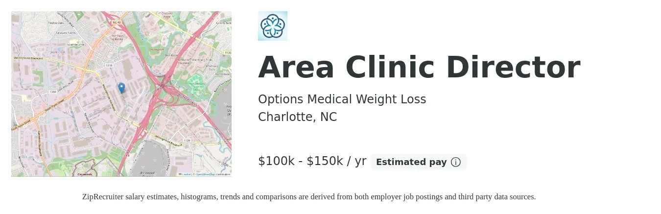Options Medical Weight Loss job posting for a Area Clinic Director in Charlotte, NC with a salary of $100,000 to $150,000 Yearly with a map of Charlotte location.