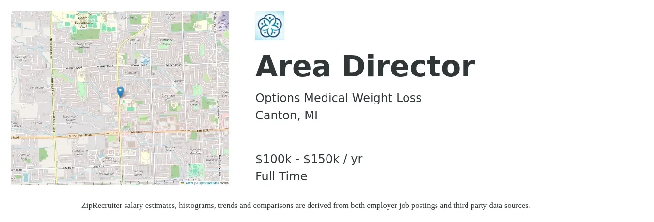 Options Medical Weight Loss job posting for a Area Director in Canton, MI with a salary of $100,000 to $150,000 Yearly with a map of Canton location.