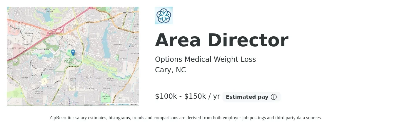 Options Medical Weight Loss job posting for a Area Director in Cary, NC with a salary of $100,000 to $150,000 Yearly with a map of Cary location.