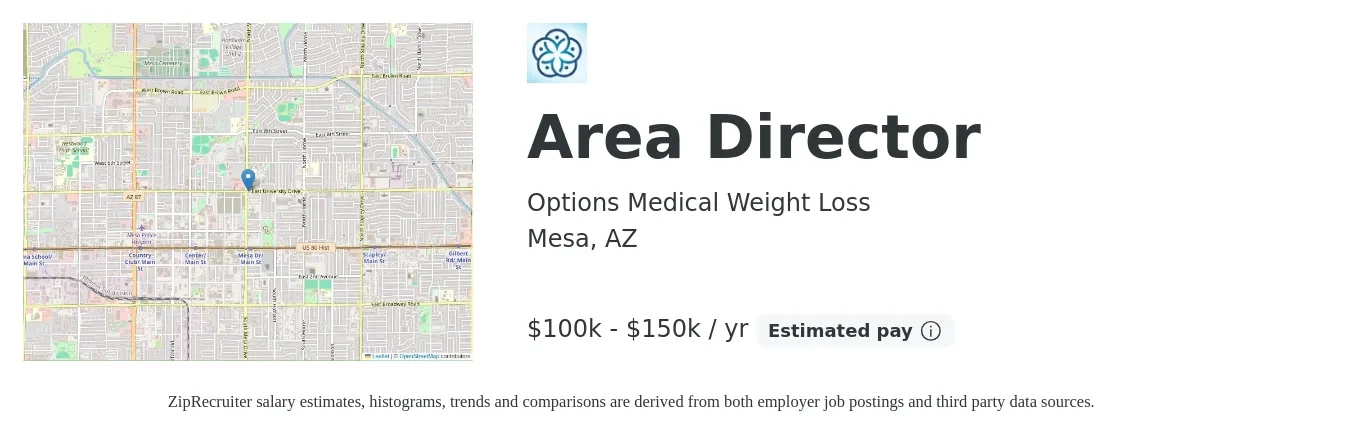 Options Medical Weight Loss job posting for a Area Director in Mesa, AZ with a salary of $100,000 to $150,000 Yearly with a map of Mesa location.