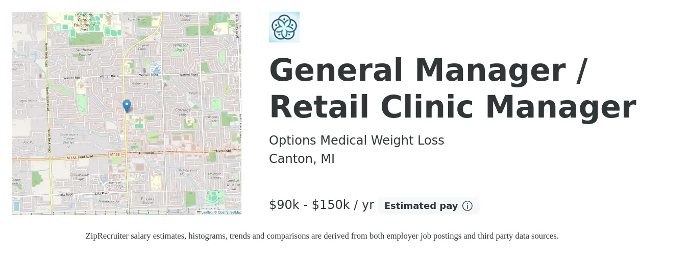 Options Medical Weight Loss job posting for a General Manager / Retail Clinic Manager in Canton, MI with a salary of $90,000 to $150,000 Yearly with a map of Canton location.