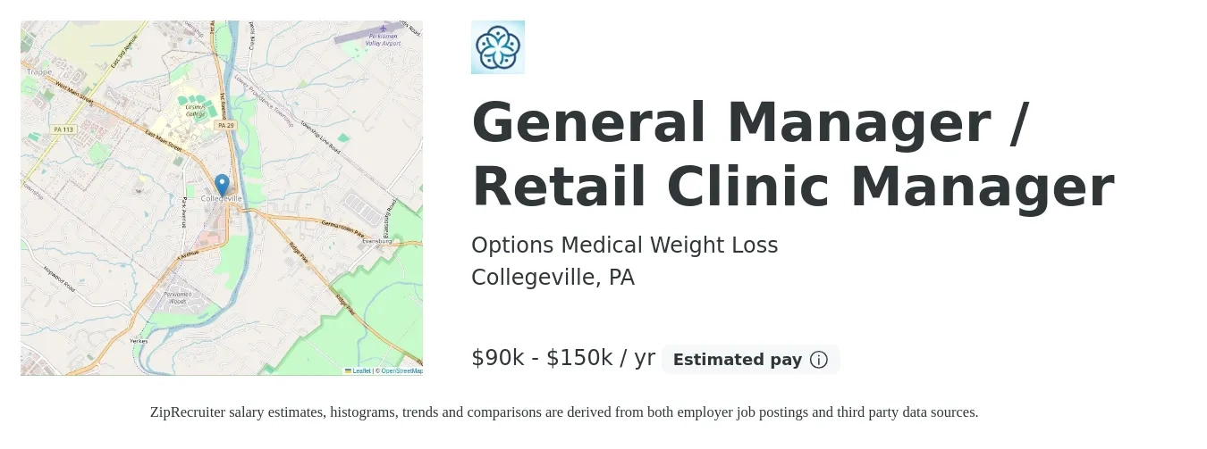 Options Medical Weight Loss job posting for a General Manager / Retail Clinic Manager in Collegeville, PA with a salary of $90,000 to $150,000 Yearly with a map of Collegeville location.