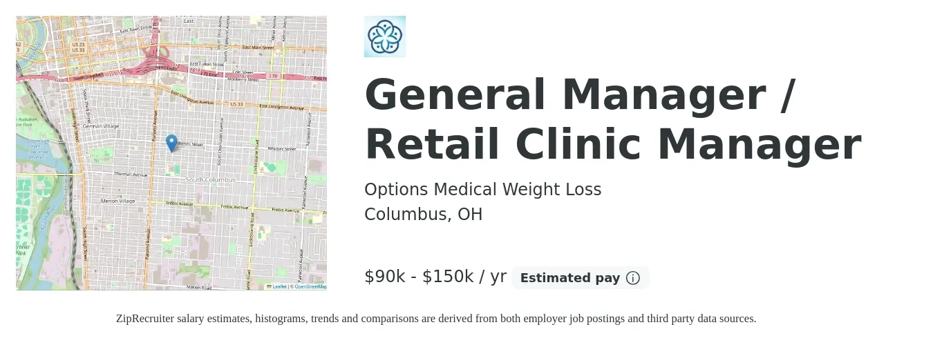 Options Medical Weight Loss job posting for a General Manager / Retail Clinic Manager in Columbus, OH with a salary of $90,000 to $150,000 Yearly with a map of Columbus location.
