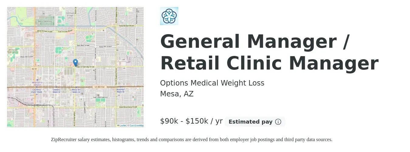 Options Medical Weight Loss job posting for a General Manager / Retail Clinic Manager in Mesa, AZ with a salary of $90,000 to $150,000 Yearly with a map of Mesa location.