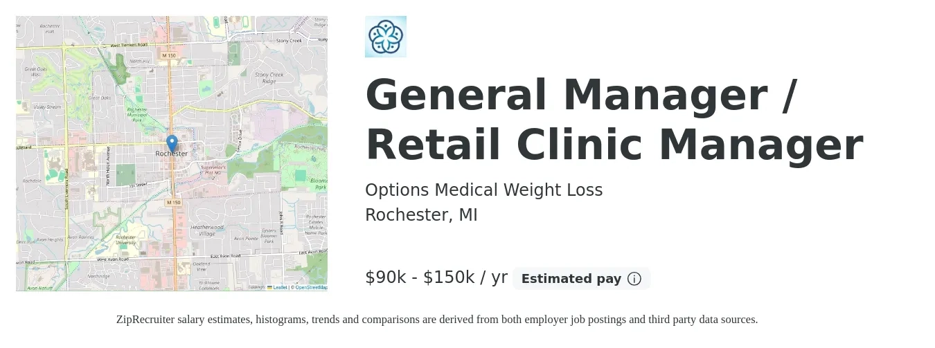 Options Medical Weight Loss job posting for a General Manager / Retail Clinic Manager in Rochester, MI with a salary of $90,000 to $150,000 Yearly with a map of Rochester location.