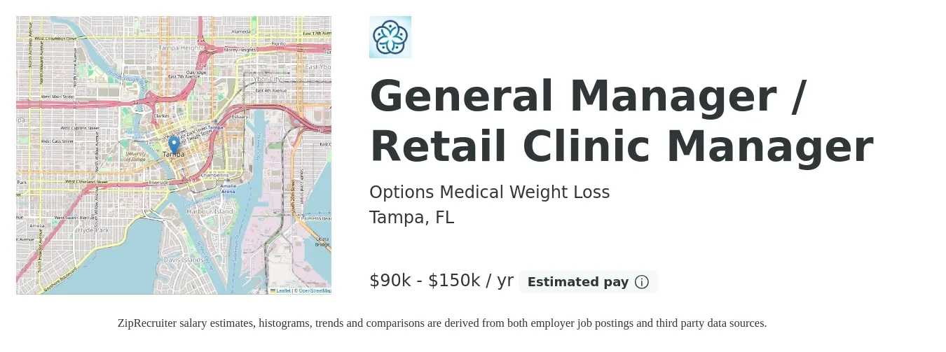 Options Medical Weight Loss job posting for a General Manager / Retail Clinic Manager in Tampa, FL with a salary of $90,000 to $150,000 Yearly with a map of Tampa location.