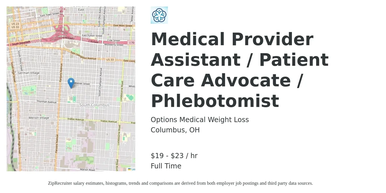 Options Medical Weight Loss job posting for a Medical Provider Assistant / Patient Care Advocate / Phlebotomist in Columbus, OH with a salary of $20 to $24 Hourly with a map of Columbus location.