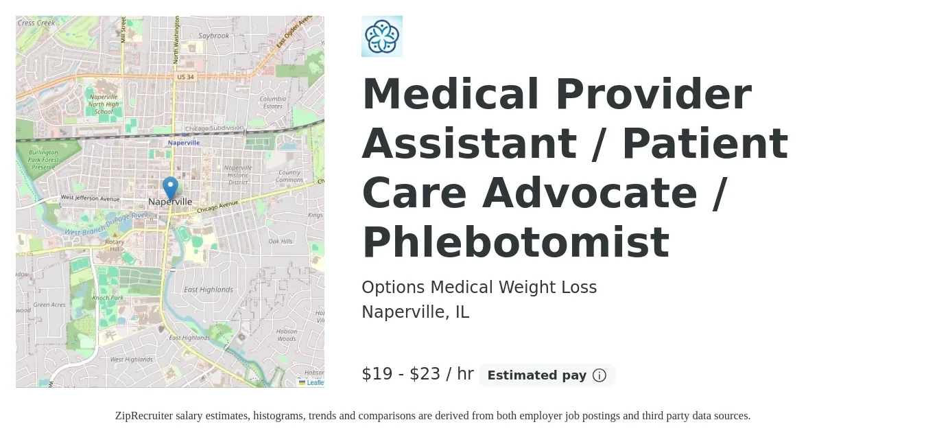 Options Medical Weight Loss job posting for a Medical Provider Assistant / Patient Care Advocate / Phlebotomist in Naperville, IL with a salary of $20 to $24 Hourly with a map of Naperville location.