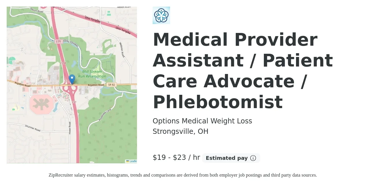 Options Medical Weight Loss job posting for a Medical Provider Assistant / Patient Care Advocate / Phlebotomist in Strongsville, OH with a salary of $20 to $24 Hourly with a map of Strongsville location.