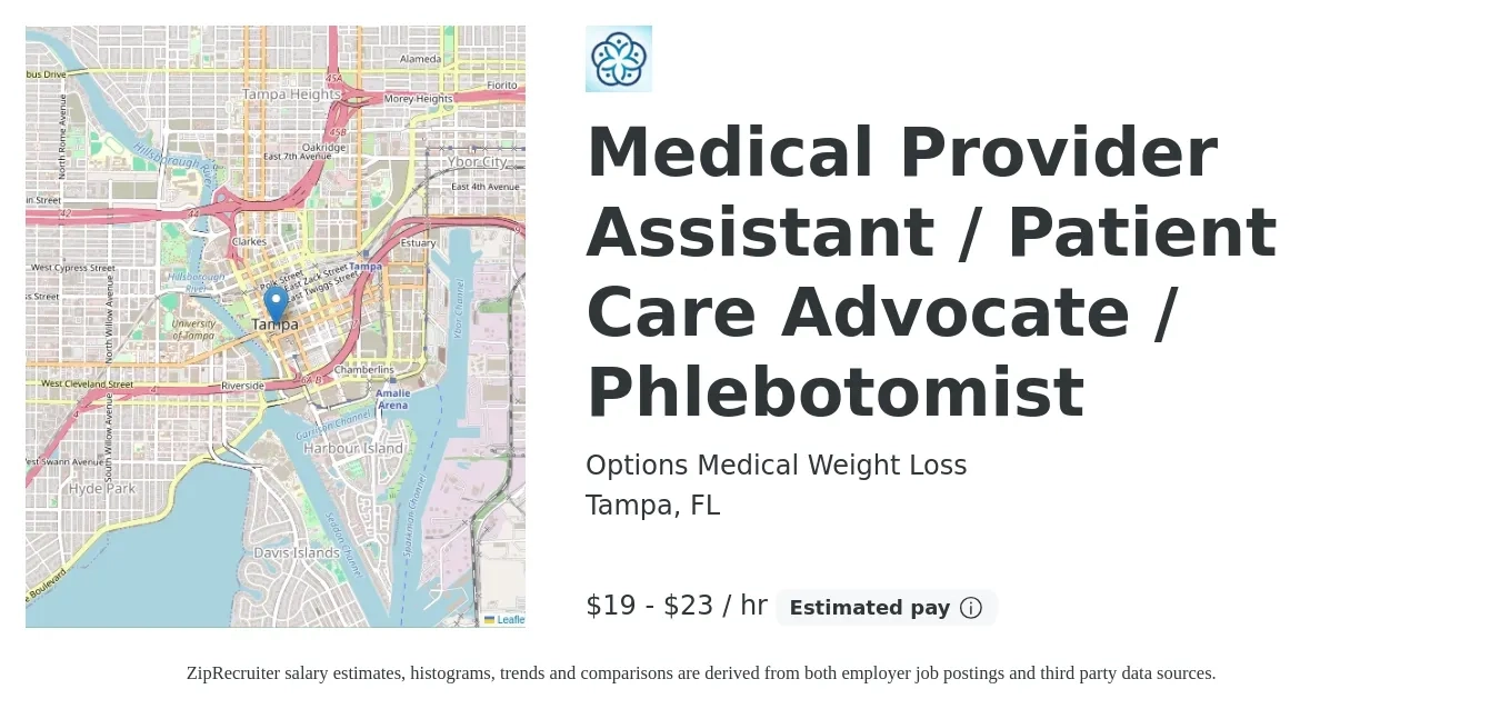 Options Medical Weight Loss job posting for a Medical Provider Assistant / Patient Care Advocate / Phlebotomist in Tampa, FL with a salary of $20 to $24 Hourly with a map of Tampa location.