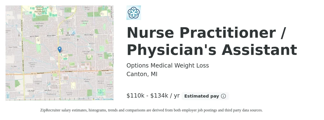 Options Medical Weight Loss job posting for a Nurse Practitioner / Physician's Assistant in Canton, MI with a salary of $110,000 to $134,000 Yearly with a map of Canton location.