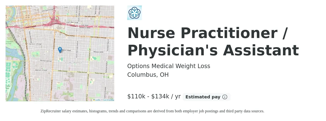 Options Medical Weight Loss job posting for a Nurse Practitioner / Physician's Assistant in Columbus, OH with a salary of $110,000 to $134,000 Yearly with a map of Columbus location.
