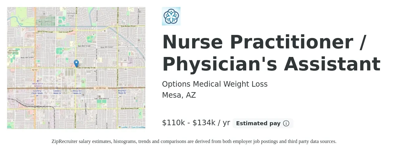 Options Medical Weight Loss job posting for a Nurse Practitioner / Physician's Assistant in Mesa, AZ with a salary of $110,000 to $134,000 Yearly with a map of Mesa location.