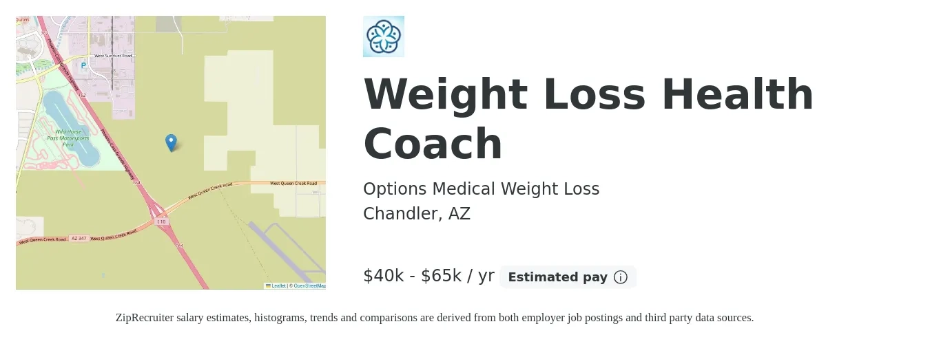 Options Medical Weight Loss job posting for a Weight Loss Health Coach in Chandler, AZ with a salary of $40,000 to $65,000 Yearly with a map of Chandler location.