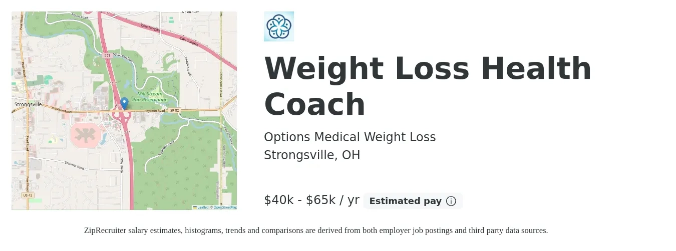 Options Medical Weight Loss job posting for a Weight Loss Health Coach in Strongsville, OH with a salary of $40,000 to $65,000 Yearly with a map of Strongsville location.