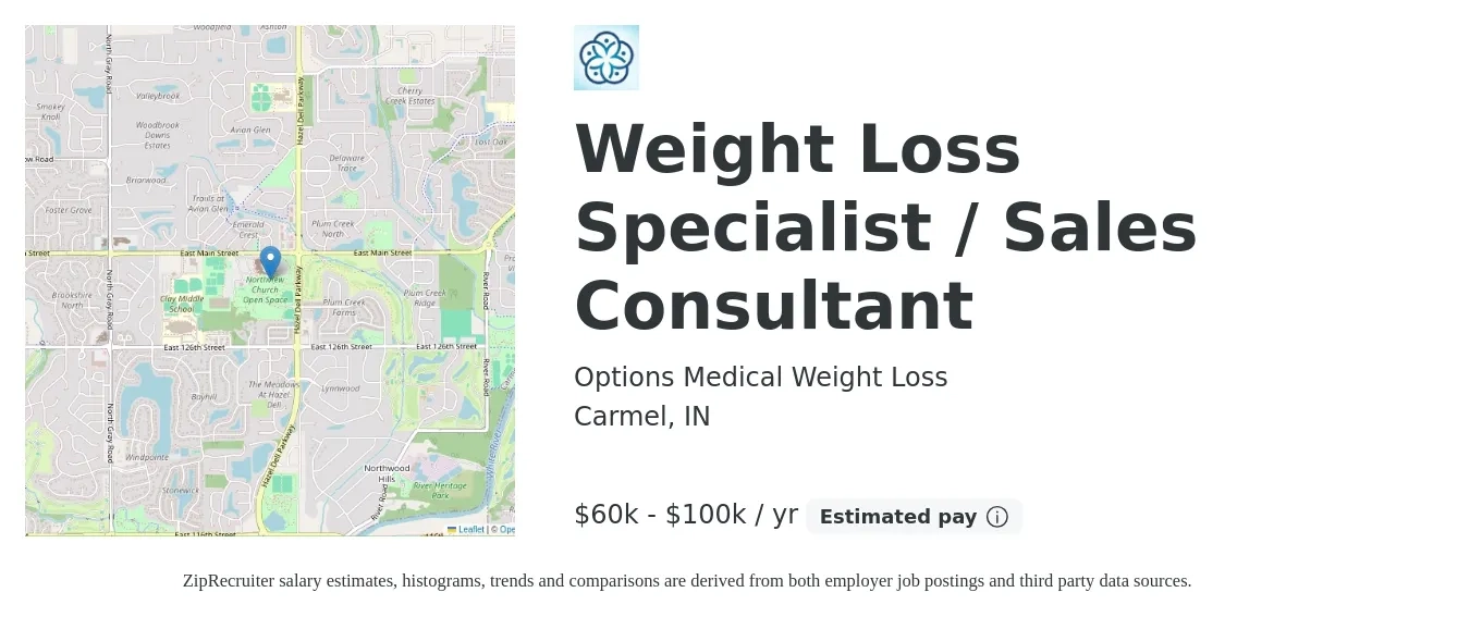 Options Medical Weight Loss job posting for a Weight Loss Specialist / Sales Consultant in Carmel, IN with a salary of $60,000 to $100,000 Yearly with a map of Carmel location.