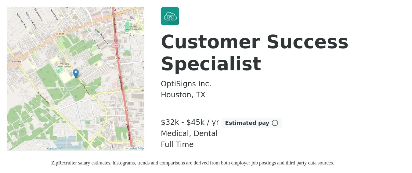 OptiSigns Inc. job posting for a Customer Success Specialist in Houston, TX with a salary of $32,000 to $45,000 Yearly and benefits including dental, medical, and pto with a map of Houston location.