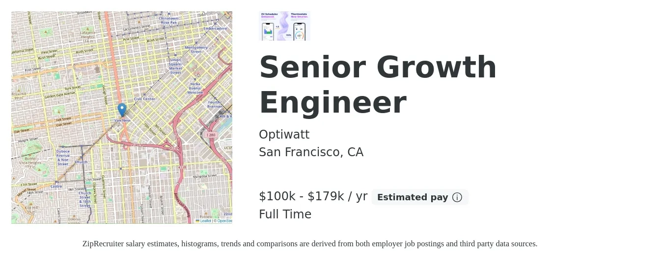 Optiwatt job posting for a Senior Growth Engineer in San Francisco, CA with a salary of $100,000 to $179,990 Yearly with a map of San Francisco location.