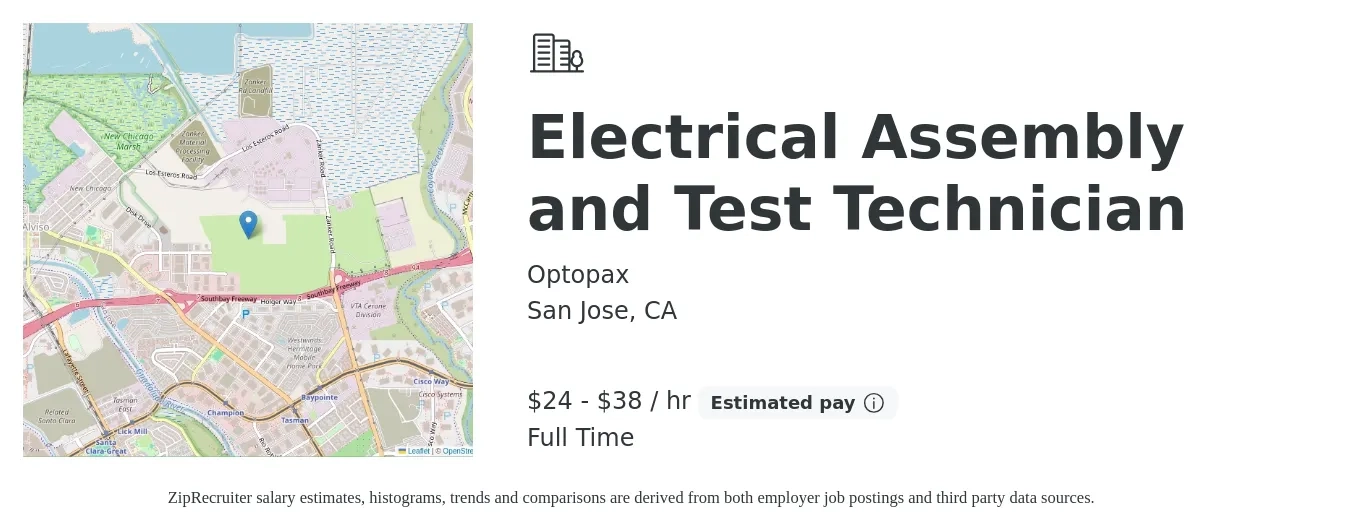 Optopax job posting for a Electrical Assembly and Test Technician in San Jose, CA with a salary of $25 to $40 Hourly with a map of San Jose location.