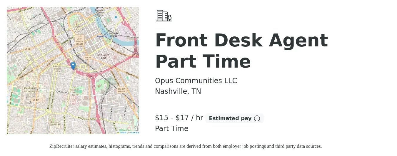 Opus Communities LLC job posting for a Front Desk Agent Part Time in Nashville, TN with a salary of $16 to $18 Hourly with a map of Nashville location.