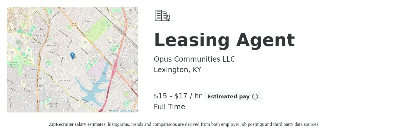 Opus Communities LLC job posting for a Leasing Agent in Lexington, KY with a salary of $19 to $20 Hourly with a map of Lexington location.