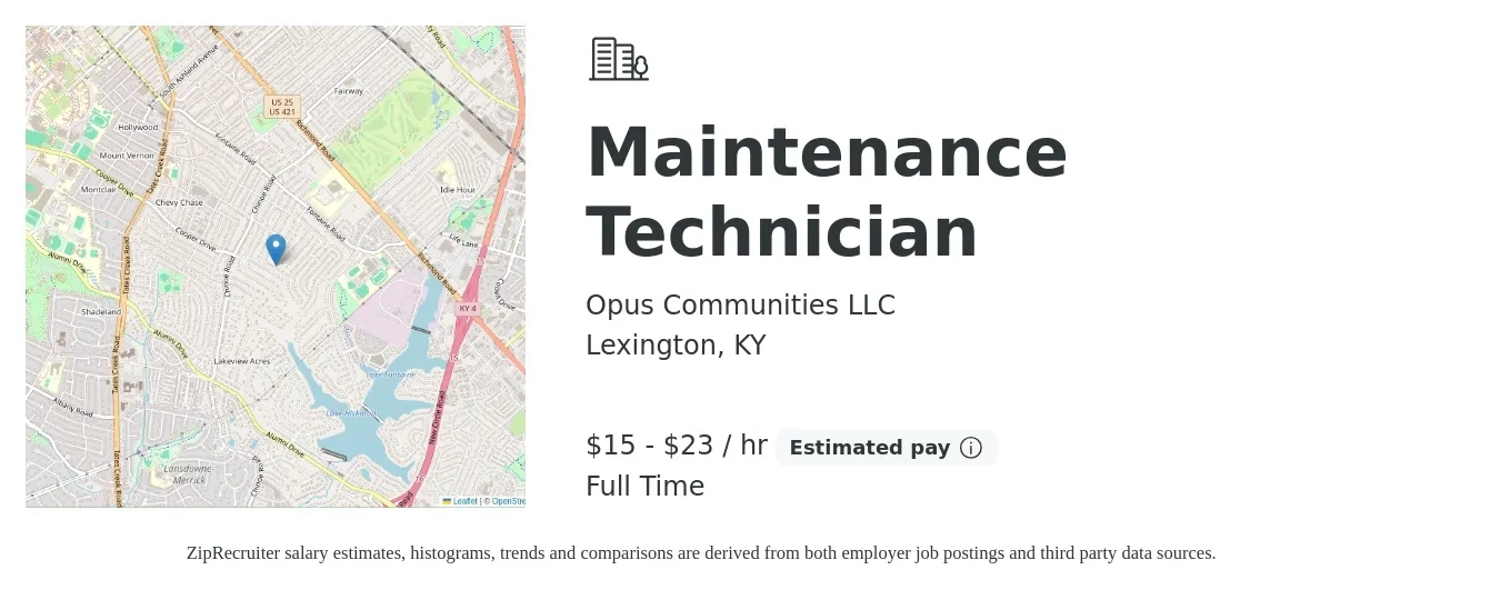 Opus Communities LLC job posting for a Maintenance Technician in Lexington, KY with a salary of $16 to $24 Hourly with a map of Lexington location.